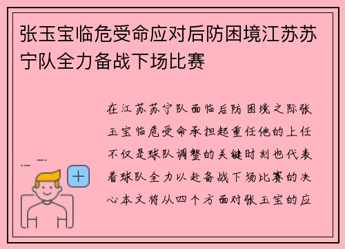 张玉宝临危受命应对后防困境江苏苏宁队全力备战下场比赛