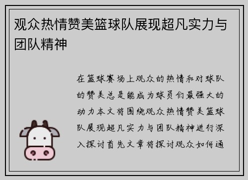 观众热情赞美篮球队展现超凡实力与团队精神