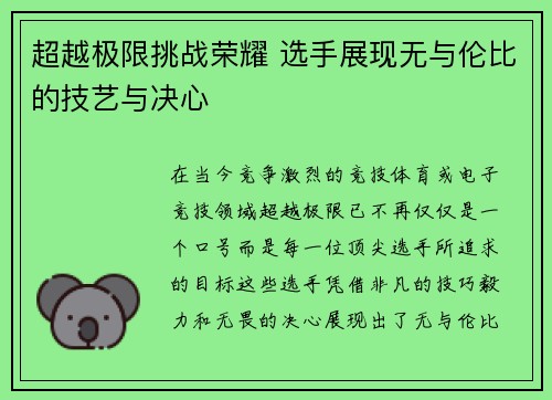 超越极限挑战荣耀 选手展现无与伦比的技艺与决心