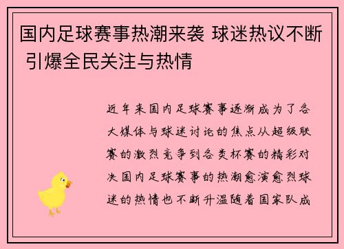 国内足球赛事热潮来袭 球迷热议不断 引爆全民关注与热情