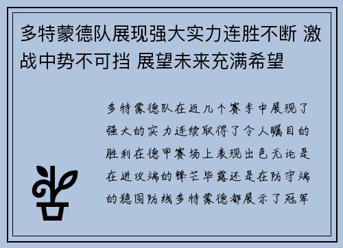 多特蒙德队展现强大实力连胜不断 激战中势不可挡 展望未来充满希望
