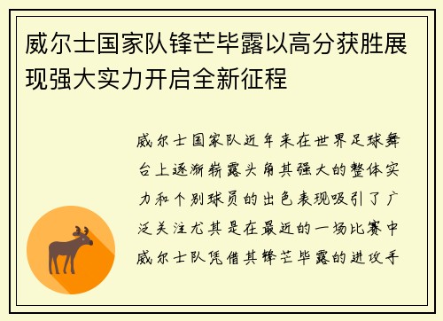 威尔士国家队锋芒毕露以高分获胜展现强大实力开启全新征程