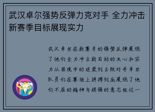 武汉卓尔强势反弹力克对手 全力冲击新赛季目标展现实力