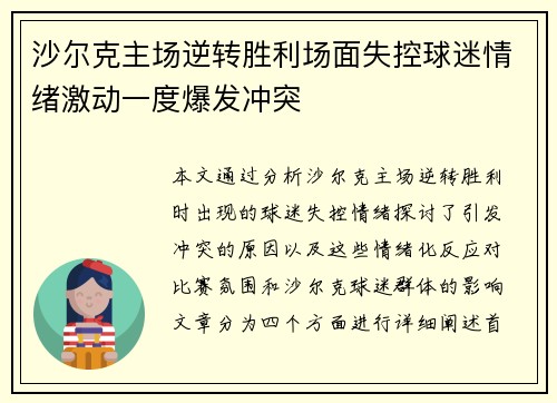 沙尔克主场逆转胜利场面失控球迷情绪激动一度爆发冲突