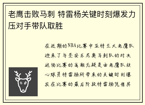 老鹰击败马刺 特雷杨关键时刻爆发力压对手带队取胜