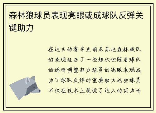 森林狼球员表现亮眼或成球队反弹关键助力