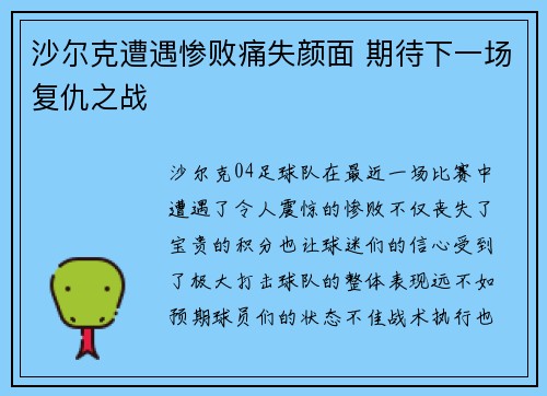 沙尔克遭遇惨败痛失颜面 期待下一场复仇之战