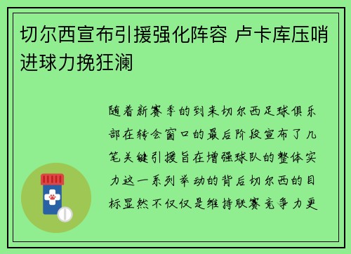 切尔西宣布引援强化阵容 卢卡库压哨进球力挽狂澜